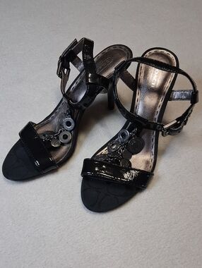 Coach Black Patent Leather Strappy Heels with Coin Charms